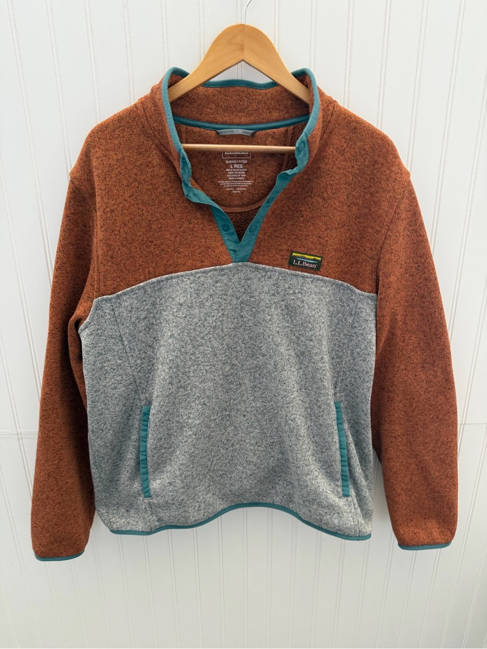 L.L. Bean Men's Two-Tone Zip Fleece Jacket - Rust, Gray & Teal Trim